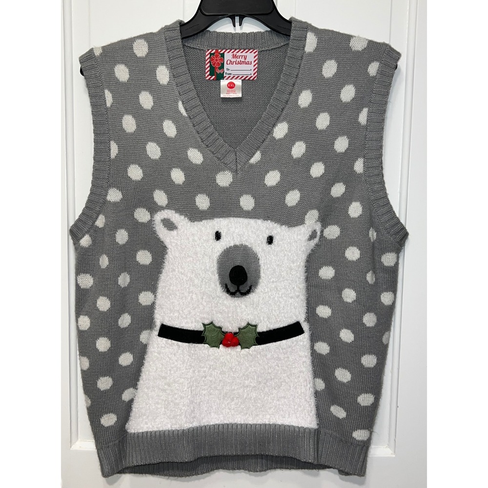 Merry Christmas Polar Bear Polka Dot Sweater Vest Grey XXL Holiday V-Neck